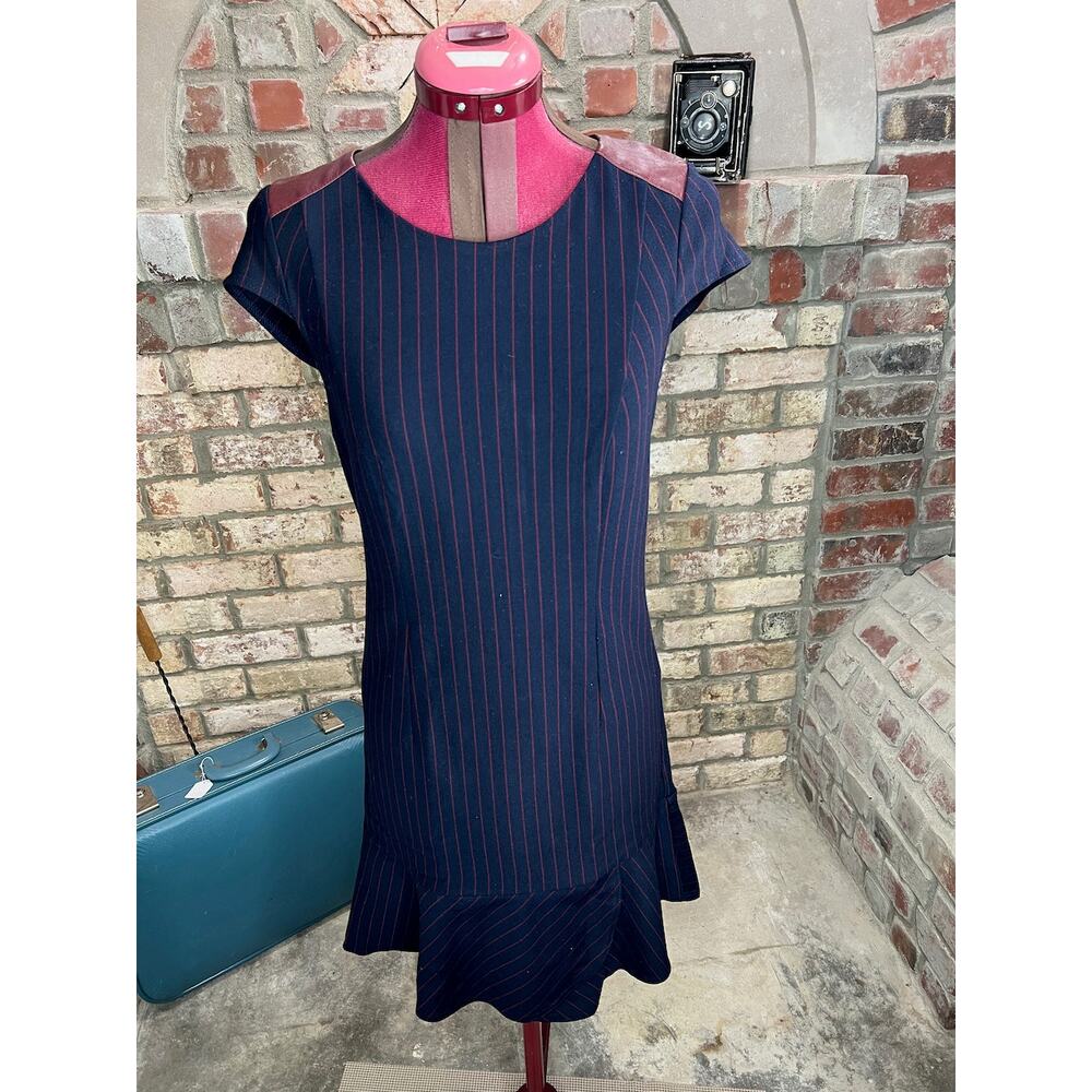 Dress bodycon knit striped navy red leather shoulders